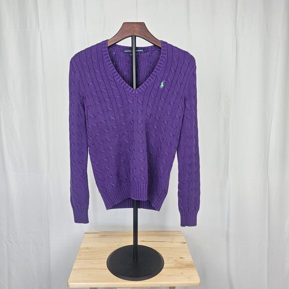Ralph Lauren Sport Sweater Womens M Purple Cable Knit V Neck Vintage Hong Kong - Picture 1 of 3